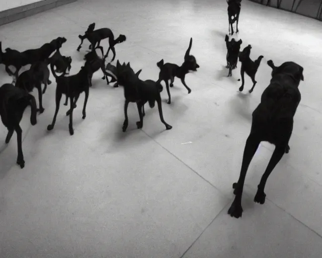 Prompt: camera footage of a Dozens of Feral Black Dogs with rabies running in an abandoned shopping mall, high exposure, dark, monochrome, camera, grainy, CCTV, security camera footage, timestamp, zoomed in, Feral, fish-eye lens, Nightmare Fuel, Dog, Evil, Zerg, Brood Spreading, Motion Blur, horrifying, lunging at camera :4