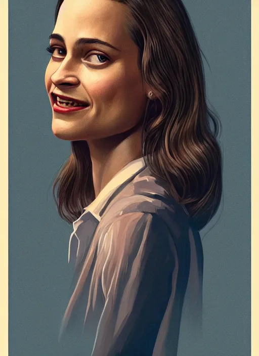 Prompt: twin peaks movie poster art, portrait of a smiling alicia vikander, from scene from twin peaks, clean, simple illustration, nostalgic, domestic, highly detailed, digital painting, artstation, concept art, smooth, sharp focus, illustration, artgerm, donato giancola, joseph christian leyendecker, wlop