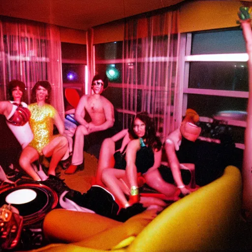 Image similar to interior view of people wearing disco clothing having a disco party inside of a 1970s luxury highrise condo at night with balcony, ektachrome photograph, f8 aperture