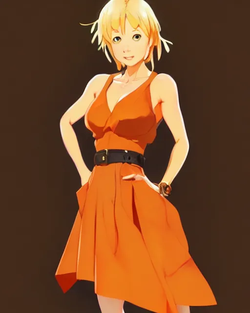 Image similar to blond woman in an orange ripped short dress, by artgerm, by studio muti, greg rutkowski makoto shinkai takashi takeuchi studio ghibli