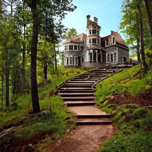 Prompt: a 3 story hunted mansion on a giant hill, winding path, forest.