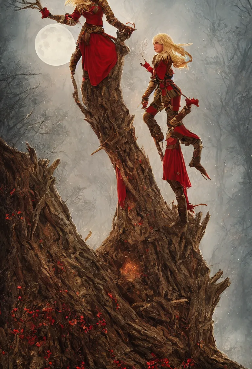 Prompt: a blonde medieval female soldier standing on a short treestump, red lunar eclipse, detailed, fantasy, in the style of Anna Podedworna, Bryan Sola, Bartlomiej Gawel, Bogna Gawrońska, Ástor Alexander, Bogdan Rezunenko, Gwent, epic composition, red background