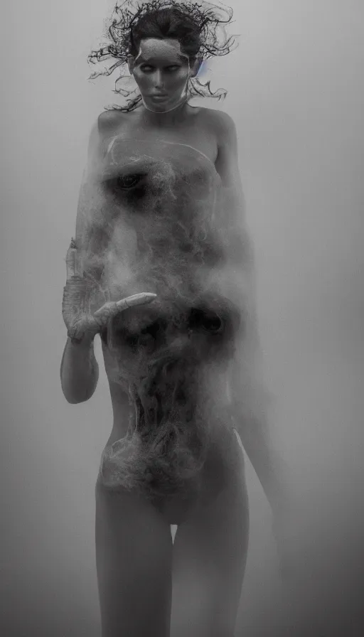 Image similar to FujiFilm X-T3 + XF50-140mm f/1.4 photograph of Arca (Alejandra Ghersi) emerging from fog, Arca mechanical limbs, Arca opal flesh, Arca face portrait, translucent skin, mechanical dilation