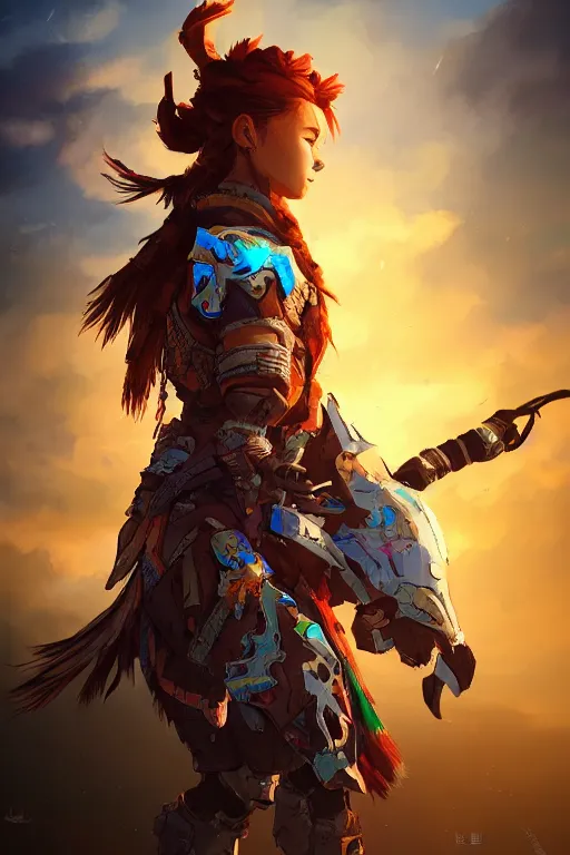 Image similar to combination suit armor aloy horizon forbidden west horizon zero dawn radiating a glowing aura global illumination ray tracing hdr fanart arstation by ian pesty and alena aenami artworks in 4 k tribal robot ninja mask helmet backpack