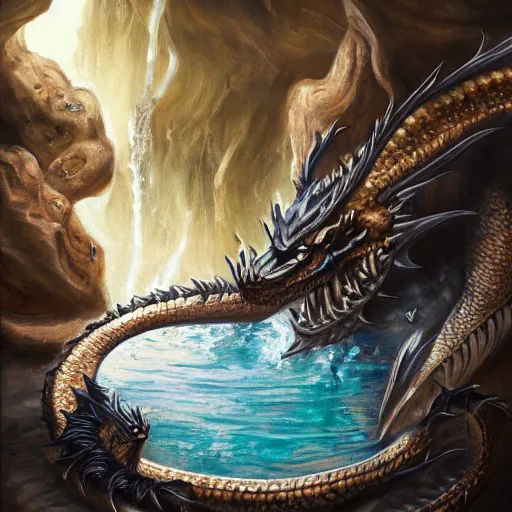 Prompt: ! dream a black dragon sitting, highly detailed oil painting of a hotspring in cave, featured on artstation