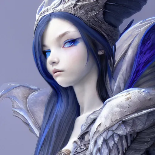 Prompt: portrait of young girl half dragon, dragon skin, dragon wings, blue hair, long hair, highly detailed 3D render, 8k, rpg concept art character, jrpg character, manga, anime, video game character, concept art, by Yoshitaka Amano