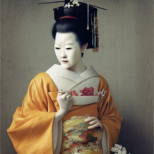 Prompt: portrait of a geisha, kintsugi, fractal, intricate, elegant, highly detailed, digital photography, subsurface scattering, by jheronimus bosch and greg rutkowski,