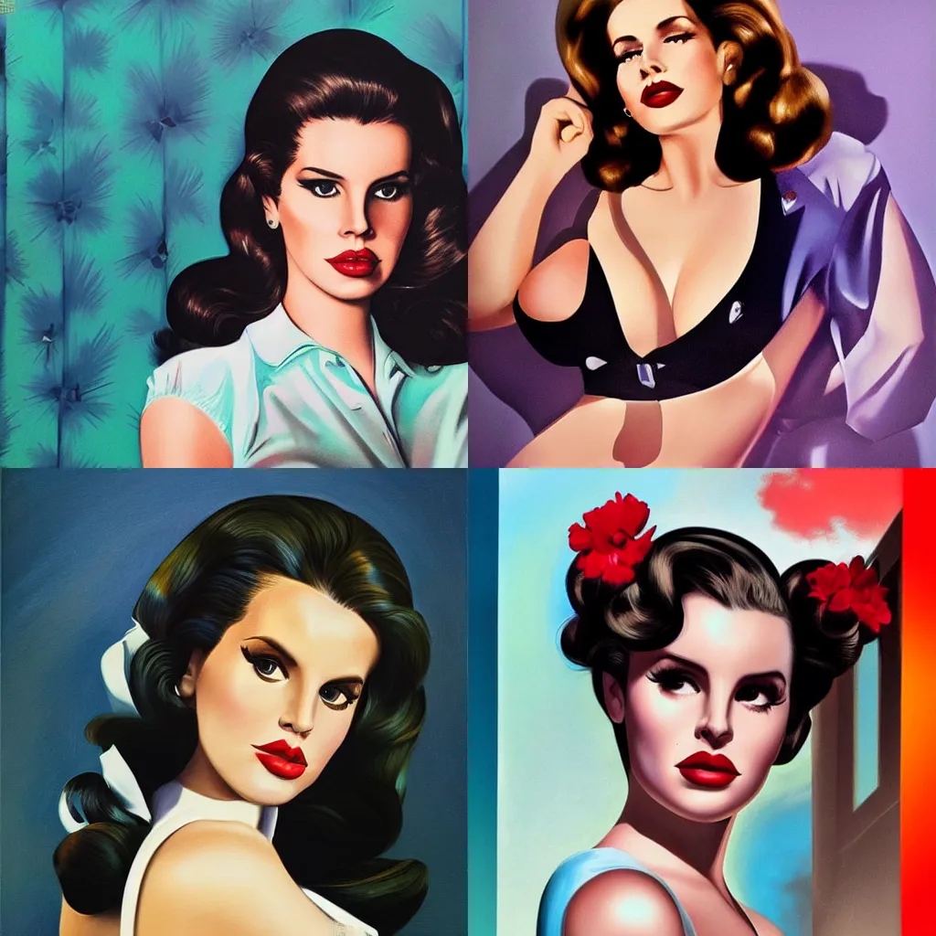 Prompt: Lana Del Rey pin up in a 1950s small town:: beautiful day outside:: style of Diego Fazio Photorealism, Pedro Campos art, Rob Hefferan art:: symmetrical face, symmetrical eyes, symmetrical body::