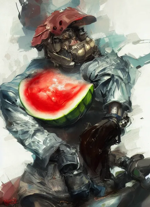 Prompt: semi reallistic gouache gesture painting, by yoshitaka amano, by ruan jia, by conrad roset, by dofus online artists, detailed anime 3 d render of an anthropomorphic watermelon, portrait, cgsociety, artstation, rococo mechanical, digital reality, sf 5 ink style, dieselpunk atmosphere, gesture drawn