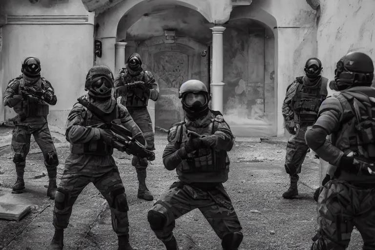 Image similar to Mercenary Special Forces soldiers in grey uniforms with black armored vest and black helmets fighting inside a mansion in 2022, Canon EOS R3, f/1.4, ISO 200, 1/160s, 8K, RAW, unedited, symmetrical balance, in-frame, combat photography