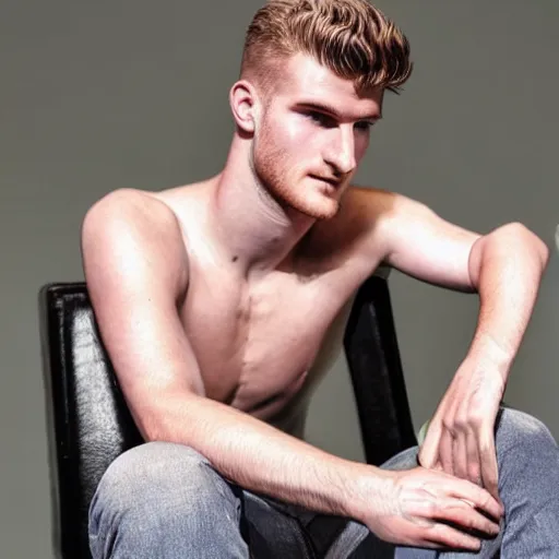 Image similar to a realistic detailed photo of a guy who is an attractive humanoid who is half robot and half humanoid, who is a male android, soccer player timo werner, shiny skin, posing like a statue, blank stare, in a living room, on display, showing off his muscles