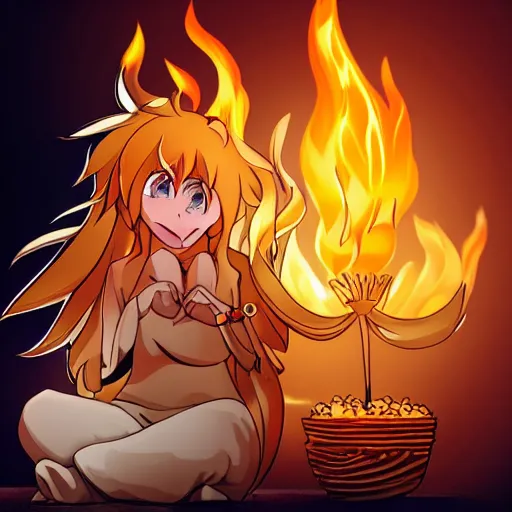 Image similar to fluffy popcorn anime character with a smiling face and flames for hair, sitting on a lotus flower, clean composition, symmetrical