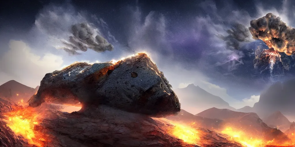 Image similar to meteorite smashing into a mountain, fantasy apocalypse, digital art, 4 k, mmo