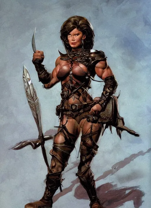 Image similar to portrait of strong female ranger, beautiful! coherent! dungeons and dragons character, by frank frazetta, by brom, strong line, deep color, leather armor, short buzzed hair, high contrast