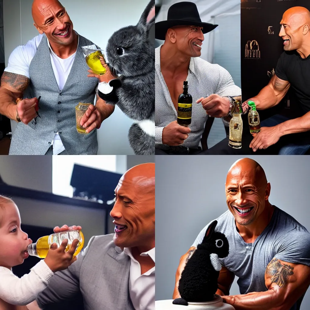 Prompt: Dwayne The Rock Johnson sharing tequila with a cute small black and white bunny