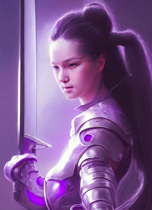 Image similar to portrait of a woman with long black hair in a ponytail, in sci - fi armor, platemail, close fitting, holding a katana made of purple energy, intricate, elegant, glowing lights, highly detailed, digital painting, artstation, concept art, smooth, sharp focus, illustration, art by wlop, mars ravelo and greg rutkowski