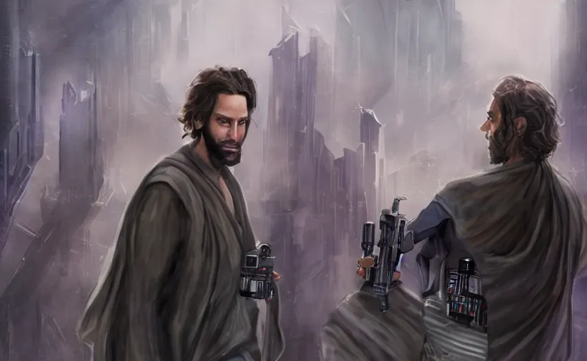 Image similar to a realistic star wars watercolor fantasy concept art of chris d'elia as a drug dealer in a sleazy futuristic city of coruscant, hq, 4 k