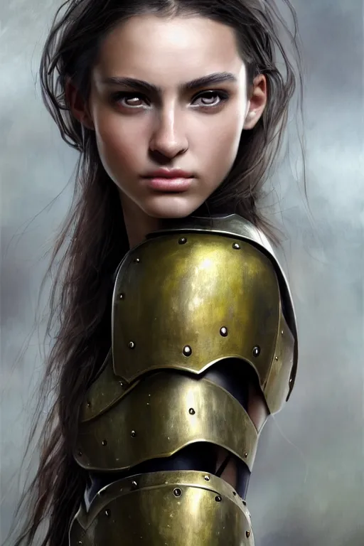 Image similar to a photorealistic painted portrait of an attractive young girl, partially clothed in metal-plated battle armor, olive skin, exotic appearance, long dark hair, flawless skin, beautiful bone structure, perfectly symmetric facial features, perfect photorealistic eyes, natural physique, intricate, elegant, digital painting, concept art, finely detailed, beautifully illustrated, sharp focus, minimal artifacts, from Metal Gear, by Ruan Jia and Mandy Jurgens and Artgerm and William-Adolphe Bouguerea, in the style of Greg Rutkowski, trending on Artstation, award winning art