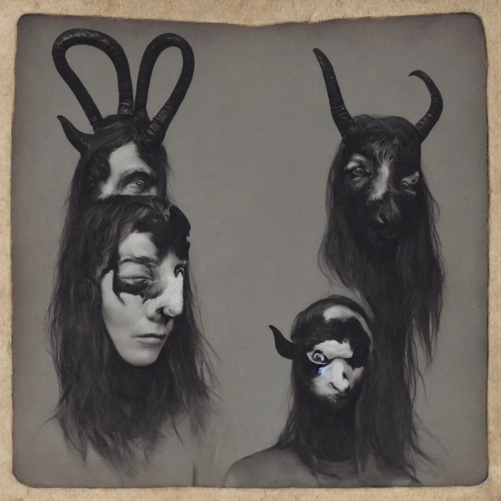 Prompt: tintype of a girl with black goat mask, hyperrealistic, detailed