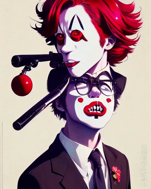 Image similar to clown in a suit | | very very anime!!!, fine - face, audrey plaza, realistic shaded perfect face, fine details. anime. realistic shaded lighting poster by ilya kuvshinov katsuhiro otomo ghost - in - the - shell, magali villeneuve, artgerm, jeremy lipkin and michael garmash and rob rey