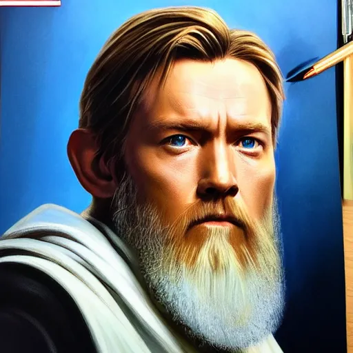 Image similar to an ultra - realistic portrait painting of obi - wan kenobi in the style of alex ross. 4 k. ultra - realistic. highly detailed. epic lighting.