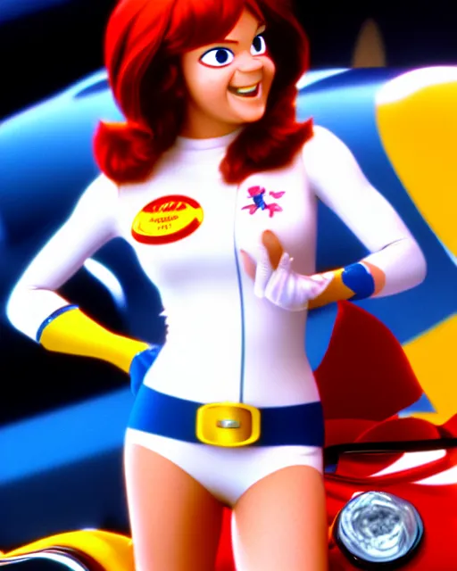 Image similar to wendy's mascot wendy thomas, movie still, from the movie speed racer, 8 k, realistic