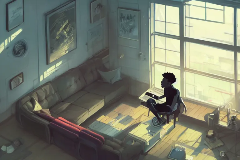 Prompt: a young black man sitting on a sofa working on a laptop, wide angle shot from above, golden curve composition, animation portrait concept art, style of makoto shinkai, xision, james jean and peter mohrbacher, studio ghibli, artgerm, karol bak, dan mumford, 4 k hd, animation style