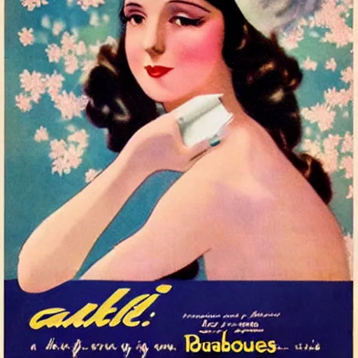 Image similar to a beautiful girl with long dark hair poses for gauloises cigarettes, 1 9 3 0 s advertising poster