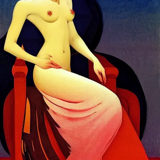 Image similar to an illustration of an ivory skin with dark curly hair queen on a throne, by nicholas roerich, by frank frazetta by georgia o keeffe by frederick william elwell, by hans emmenegger, by eyvind earle highly detailed, realistic, outline, line work, fantasy, oriental, stylised flat colors, animation