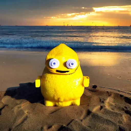 Image similar to 5 0 mm photograph, of a real anthropomorphic lemon character, with lemon skin texture, it is wearing a hat and scuba diving suit, building a sandcastle on the beach at sunset, beach, huge waves, sun, clouds, tropical trees, rim light, cinematic photography, professional, sand, sandcastle, volumetric lightening