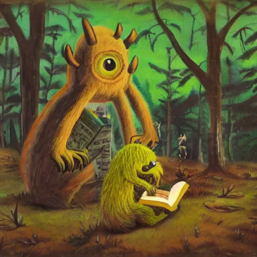 Image similar to monster reading a book in a forest, where the wild things are, bicycle nearby, oil on canvas, calm