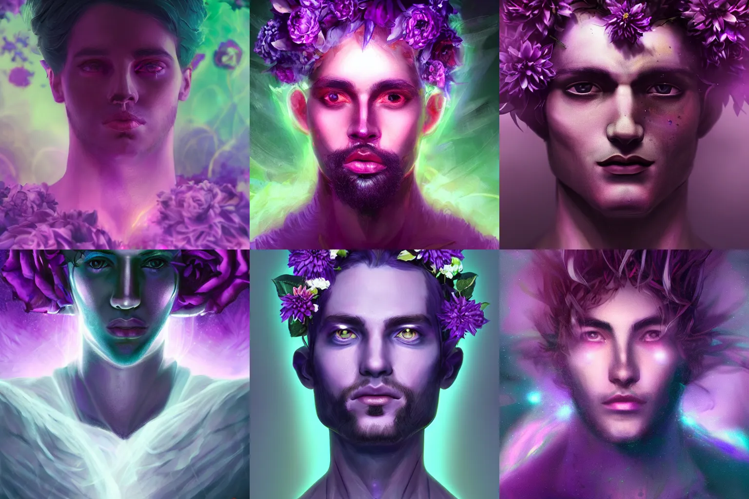 Prompt: closeup portrait of an ethereal male person made of purple light, divine, cyberspace, mysterious, surrounded by flowers, roses, dahlias, dark high-contrast concept art, trending on Artstation