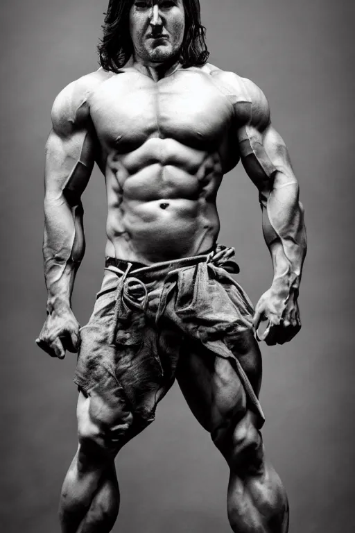 Image similar to Matthew Mercer is a jacked muscle builder gigachad, grayscale photography