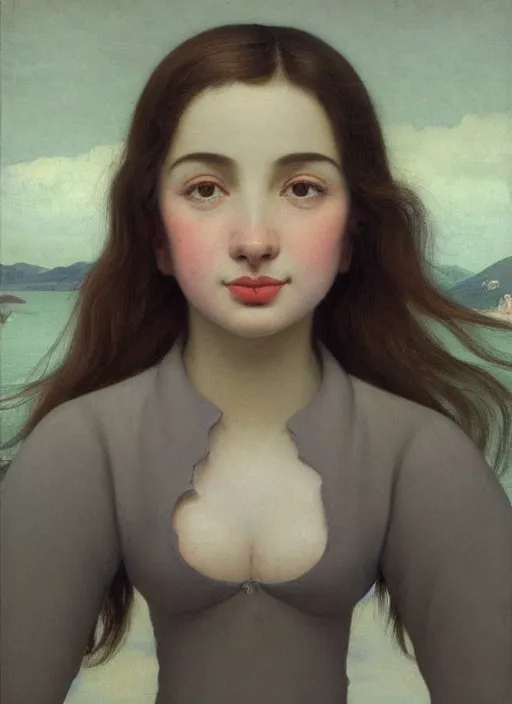 Image similar to hyper detailed 3 d render like a oil painting - cute portrait of a brunette named emma, italian looking, looking at camera, symmetrical face, long brunette hair, nose ring, a smiling cow looking over her shoulder by ryden, kawase hasui, dorothea tanning, edward hopper and james gilleard, aivazovsky, beksinski, outram, artstation