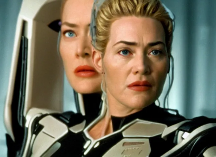 Prompt: film still of kate winslet as borg seven of nine borg 7 of 9 borg in star trek voyager