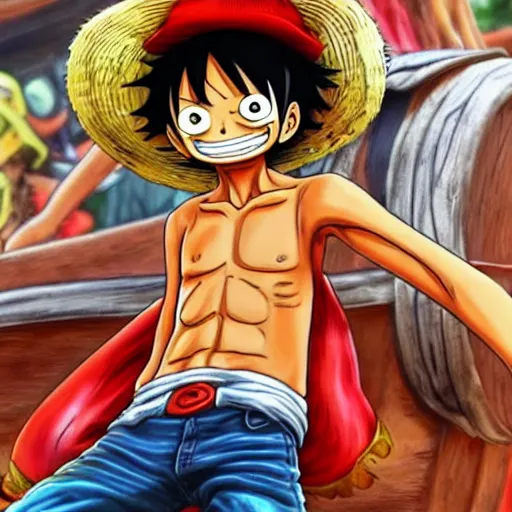 Image similar to photorealistic rendition of luffy from one piece, 8k, highly detailed, hyper realistic