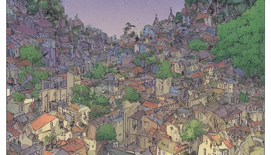 Image similar to ligne claire art of a sparse village intertwined with nature, street-level view, by Moebius, bright colors, Eisner award-winning spread