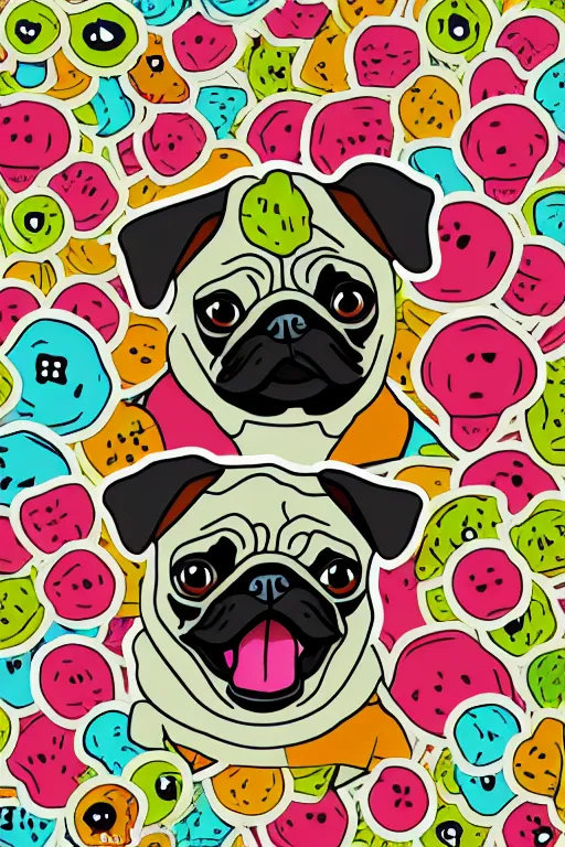 Image similar to Pug as a serial killer, sticker, colorful, illustration, highly detailed, simple, smooth and clean vector curves, no jagged lines, vector art, smooth