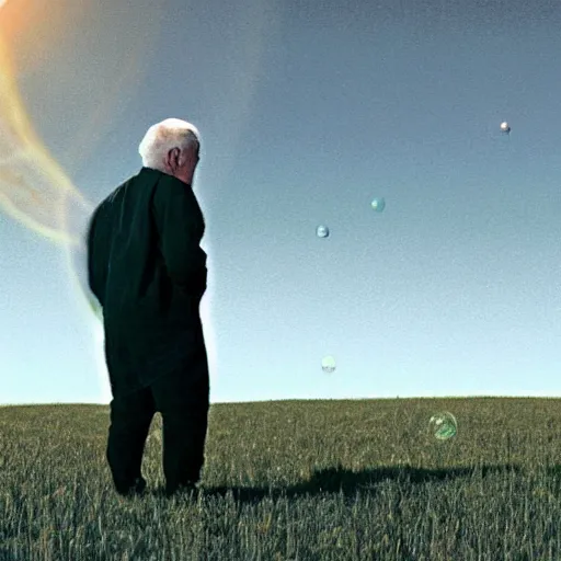 Image similar to an old man in a field looking at multiverse bubbles in the sky, scene from a star trek movie