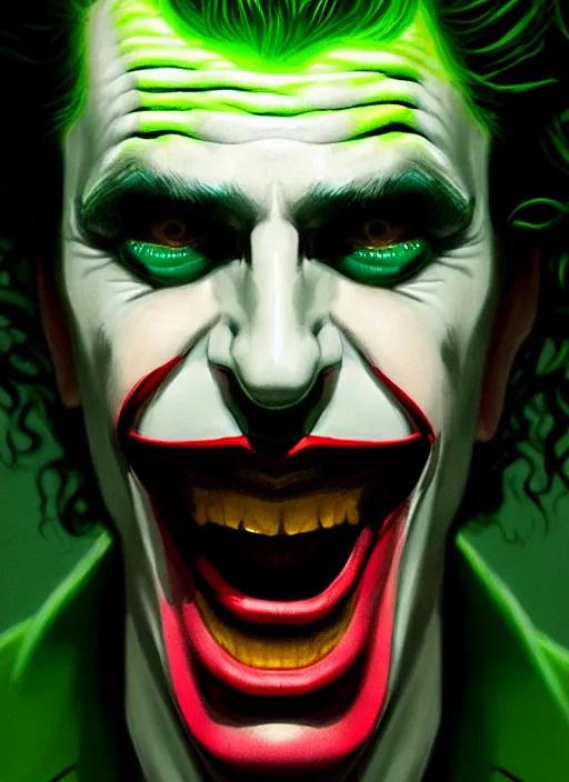 Image similar to portrait of jon as the joker, green hair, intricate, elegant, glowing lights, highly detailed, digital painting, artstation, concept art, sharp focus, illustration, art by wlop, mars ravelo and greg rutkowski