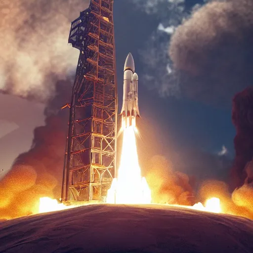 Image similar to a rocket blasting off into space, octane render, highly detailed, highly intricate, sense of scale and awe, highly detailed fire, smoke, ue 5, hyper - realistic, desert