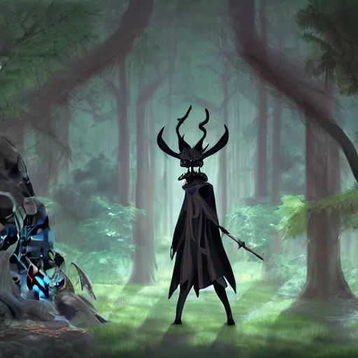 Image similar to concept art painting of an anthropomorphic dragon king with black robes, a long neck, and skull mask, in a deep forest, cel shaded, in the style of makoto shinkai and james gurney and studio ghibli and moebius