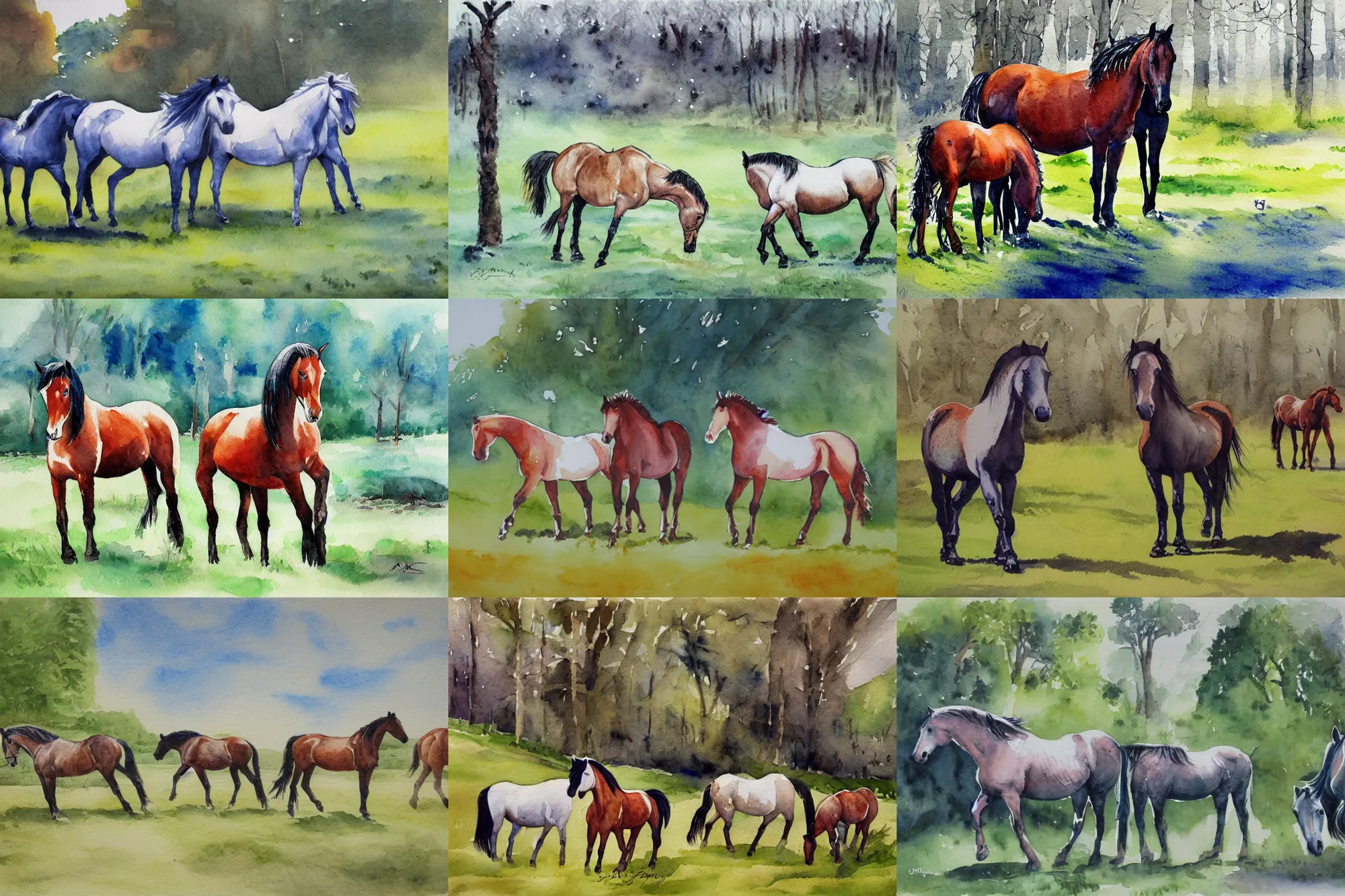 Prompt: Horses in the New Forest, watercolor painting