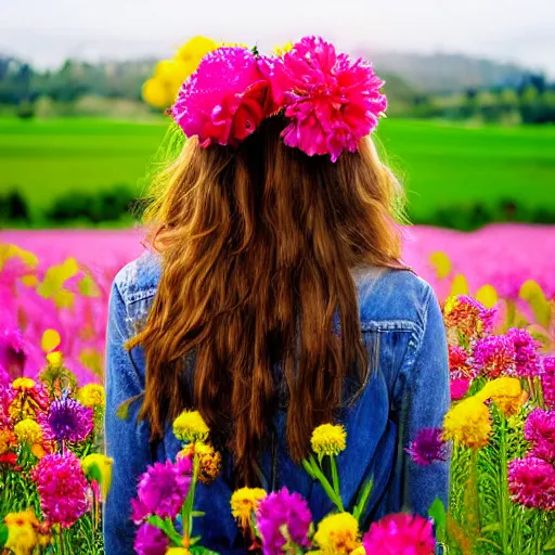 Prompt: flowerhead, girl, flowerfield