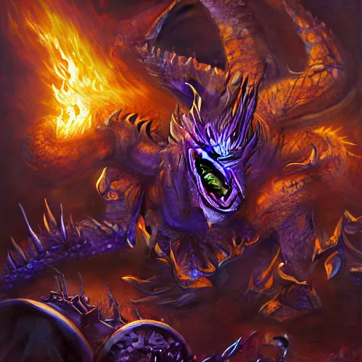 Image similar to ginger man in a purple t-shirt fights a fire breathing dragon in a room filled with dragon eggs, painted, by Chris Rahn, high fantasy