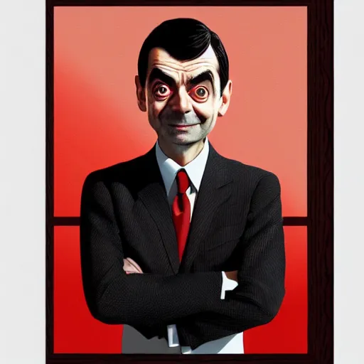 Image similar to a comic portrait of mr. bean with black and red parts, realistic shaded perfect face, fine details. night setting. very anime style. realistic shaded lighting poster by ilya kuvshinov katsuhiro, unreal engine, global illumination, radiant light, detailed and intricate environment