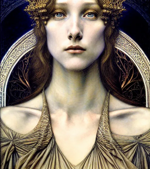 Image similar to detailed realistic beautiful young medieval queen face portrait by jean delville, gustave dore and marco mazzoni, art nouveau, symbolist, visionary, gothic, pre - raphaelite. horizontal symmetry