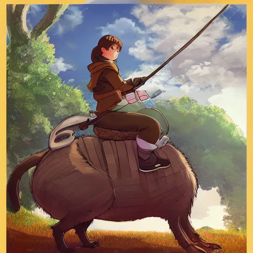 Image similar to a girl riding a giant rabbit. very detailed. digital art. in the style of miyazaki. 4 k. trending on artstation.