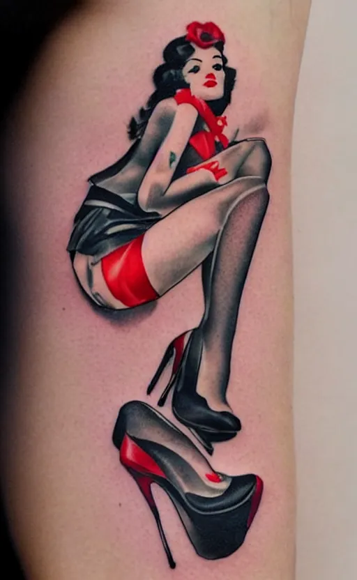 Image similar to traditional American tattoo of black haired pinup girl wearing heels, red lipstick