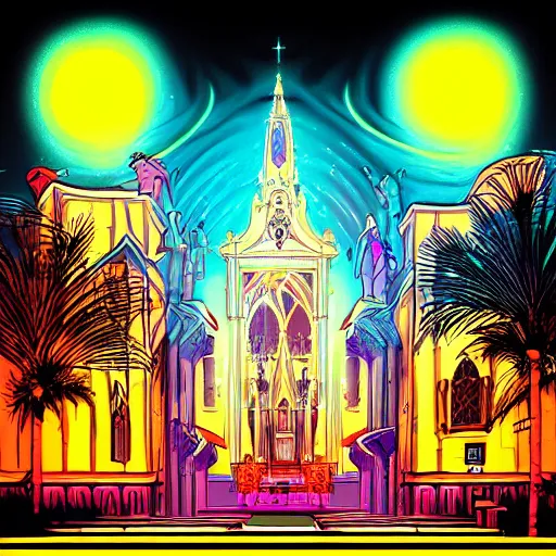 Image similar to chatedral in heaven,retrowave art,trending on art station